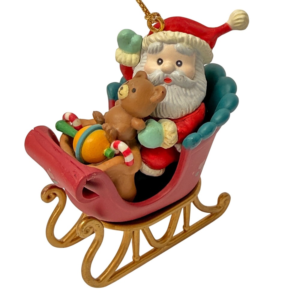 Vintage 1992 Lustre Fame Santa Claus in Sleigh Christmas Ornament Teddy Bear Red